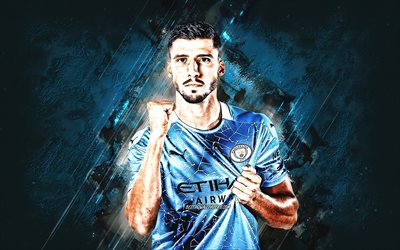 Ruben Dias, Manchester City FC, Portuguese footballer, portrait, blue stone background, football