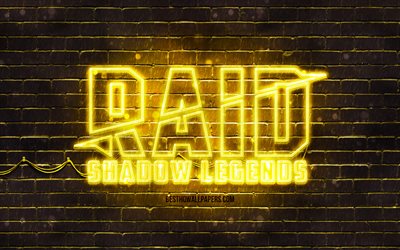 Raid Shadow Legends gul logotyp, 4k, gul brickwall, Raid Shadow Legends-logotyp, 2020-spel, Raid Shadow Legends neonlogotyp, Raid Shadow Legends