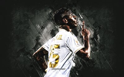 Vinicius Junior, Real Madrid, portrait, Brazilian footballer, midfielder, La Liga, gray stone background