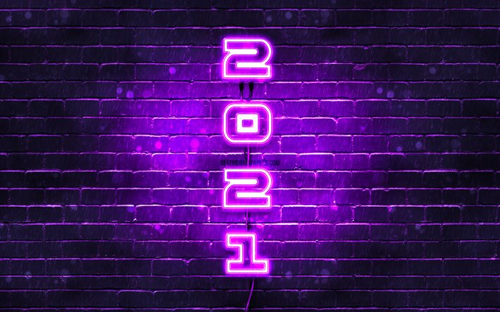 4k, 明けましておめでとうございます, 紫のネオン数字, バイオレットブリックウォール, 2021年の黄色の数字, 2021の概念, 2021年, 垂直ネオン碑文, 紫色の背景に2021, 2021年の数字