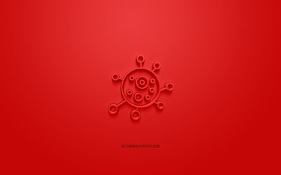 virus 3d-symbol, roter hintergrund, 3d-symbole, virus, covid-19 3d-symbol, kreative 3d-kunst, viruszeichen, warnung 3d-symbole