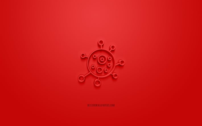 Virus 3d icono, fondo rojo, s&#237;mbolos 3d, virus, COVID-19 icono 3d, arte creativo 3d, iconos 3d, signo de virus, iconos de advertencia 3d