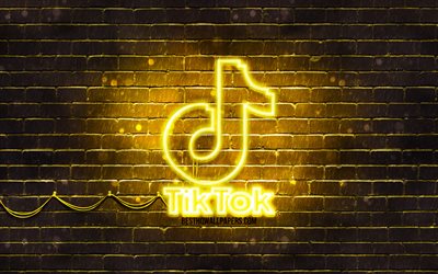 Logo giallo TikTok, 4k, muro di mattoni giallo, logo TikTok, social network, logo neon TikTok, TikTok