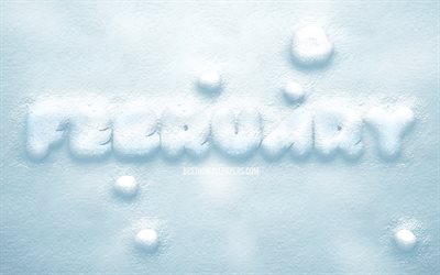 February, 3D snow letters, 4k, snow background, winter, February concepts, February on snow, February month, winter months