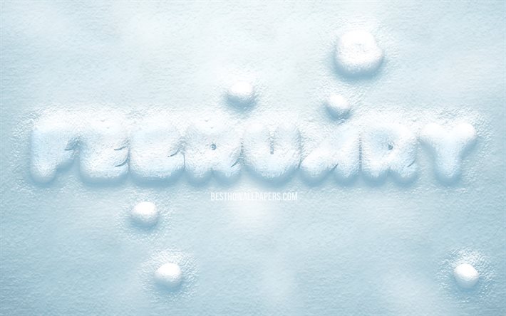 Febrero, letras de nieve 3D, 4k, fondo de nieve, invierno, conceptos de febrero, febrero sobre nieve, mes de febrero, meses de invierno