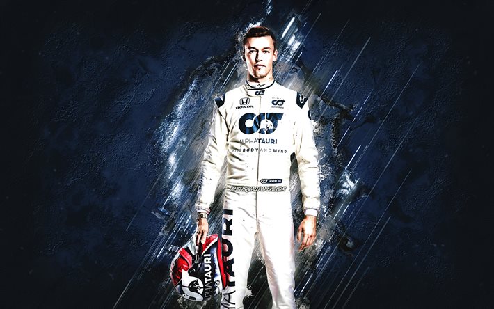 Daniil Kvyat, Scuderia AlphaTauri, Formula 1, Rus yarış pilotu, mavi taş arka plan, F1, yarış&#231;ılar
