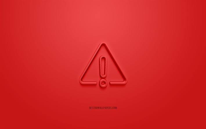 Vaara-3d-kuvake, punainen tausta, 3D-symbolit, Vaaran huutomerkki, luova 3d-taide, 3d-kuvakkeet, Vaara, Varoitus 3d-kuvakkeet