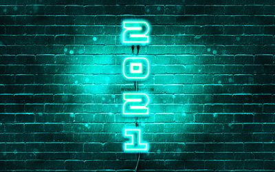 Happy New Year 2021, turquoise neon digits, 4k, turquoise brickwall, 2021 turquoise digits, 2021 concepts, 2021 new year, vertical neon inscription, 2021 on turquoise background, 2021 year digits