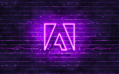 adobe violet logo, 4k, violet brickwall, adobe logo, marken, adobe neon logo, adobe