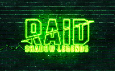 Raid Shadow Legendsin vihre&#228; logo, 4k, vihre&#228; tiilisein&#228;, Raid Shadow Legends -logo, 2020-pelit, Raid Shadow Legends -neonlogo, Raid Shadow Legends