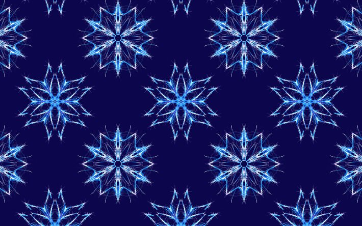 sininen tausta lumihiutaleet, 4k, lumihiutaleet kuvio, talvi taustat, lumihiutaleet, abstrakti lumihiutaleet