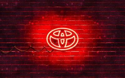 Logo rosso Toyota, 4K, muro di mattoni rossi, logo Toyota, marche di automobili, logo neon Toyota, Toyota