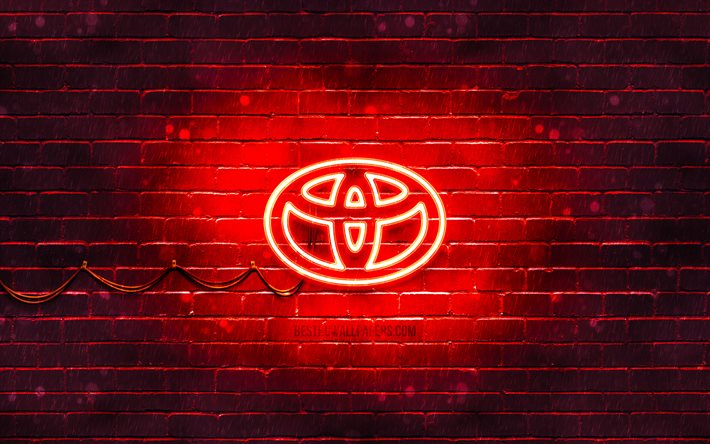Logo rosso Toyota, 4K, muro di mattoni rossi, logo Toyota, marche di automobili, logo neon Toyota, Toyota