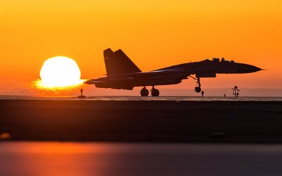 Shengyang J-11, Chinese fighter jet, military airfield, sunset, evening, J-11, Chinese Air Force