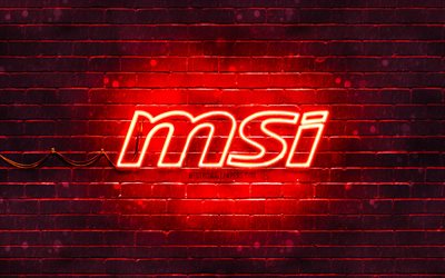 MSI punainen logo, 4k, punainen tiilisein&#228;, MSI logo, tuotemerkit, MSI neon logo, MSI