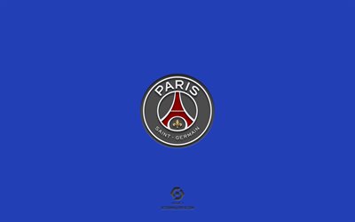 PSG, blue background, French football team, PSG emblem, Ligue 1, Paris, France, football, Paris Saint-Germain, PSG logo