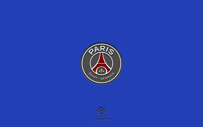 PSG, sfondo blu, squadra di calcio francese, stemma PSG, Ligue 1, Parigi, Francia, calcio, Paris Saint-Germain, logo PSG