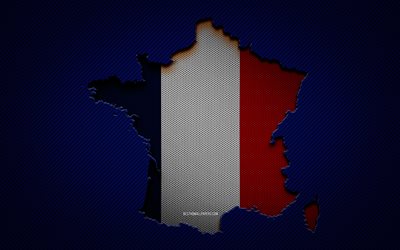 Mappa della Francia, 4k, Paesi europei, Bandiera francese, Sfondo blu carbone, Silhouette della mappa della Francia, Bandiera della Francia, Europa, Mappa francese, Francia