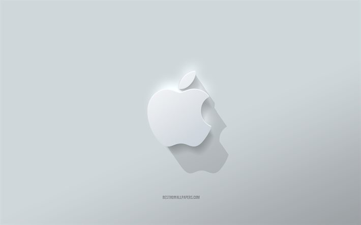 アップルのロゴ, 白背景, アップルの3Dロゴ, 3Dアート, りんご, 3Dアップルエンブレム, クリエイティブアート, アップルエンブレム
