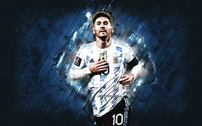 Lionel Messi, Argentiinan jalkapallomaajoukkue, argentiinalainen jalkapalloilija, muotokuva, sininen kivitausta, Argentiina, jalkapallo, grunge-taide