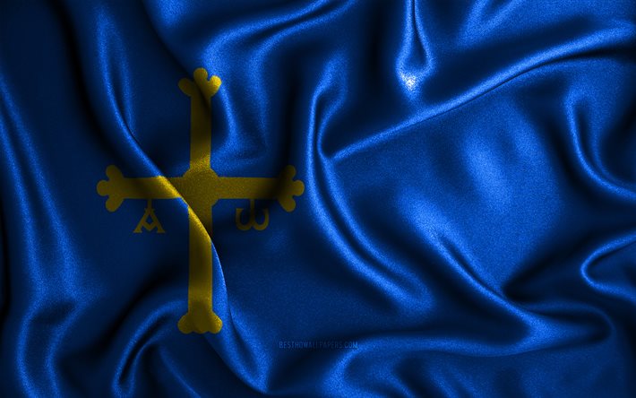 Asturias flag, 4k, silk wavy flags, spanish provinces, Day of Asturias, fabric flags, Flag of Asturias, 3D art, Asturias, Europe, Provinces of Spain, Asturias 3D flag, Spain