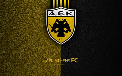 AEK Athens FC, 4k, logo, Greek Super League, leather texture, AEK emblem, Athens, Greece, football, Greek football club