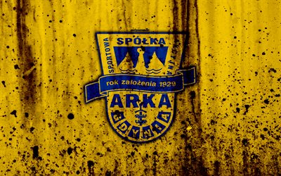 FC Arka Gdynia, 4k, grunge, Ekstraklasa, logo, football club, Poland, Arka Gdynia, soccer, art, stone texture, Arka Gdynia FC