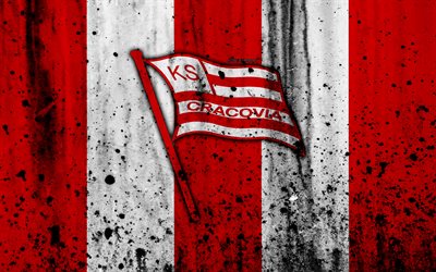 FC Cracovia, 4k, grunge, Ekstraklasa, logo, football club, Poland, Cracovia, soccer, art, stone texture, Cracovia FC