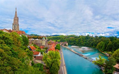 Bern, şehir, panorama, nehir, Bern Katedrali, Alpler, İsvi&#231;re