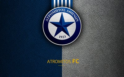 Atromitos FC, 4k, logo, Greek Super League, leather texture, emblem, Peristerion, Greece, Athens, football, Greek football club