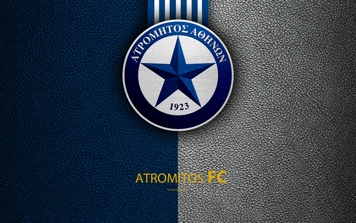 Atromitos FC, 4k, شعار, اليونانية الدوري الممتاز, جلدية الملمس, بيريستيري, اليونان, أثينا, كرة القدم, اليوناني لكرة القدم