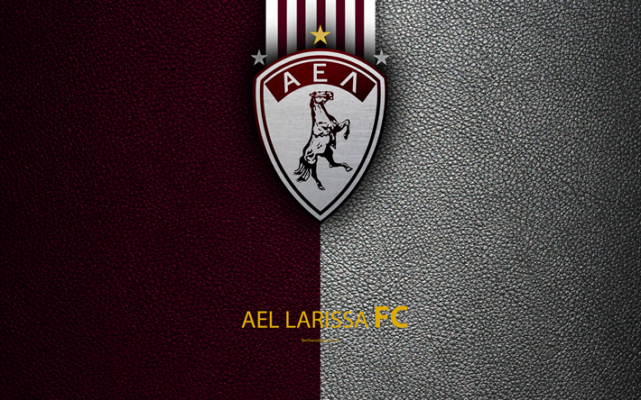 AEL Larissa FC, 4k, logo, greco Super League, texture in pelle, emblema, Larissa, in Grecia, il calcio, il club di calcio greco, Athlitiki Enosi Larissa