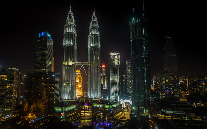 Kuala Lumpur, 4k, Petronas Towers, natt, KLCC, moderna byggnader, skyskrapor, Asien, Malaysia