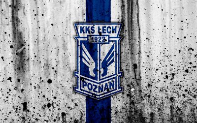 FC Lech Poznan, 4k, grunge, Ekstraklasa, logo, football club, Poland, Lech Poznan, soccer, art, stone texture, Lech Poznan FC