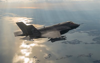 Lockheed F-35 Lightning II, 4k, fighter-bomber, US Air Force, military aircraft, F-35, USA, aircraft in the sky