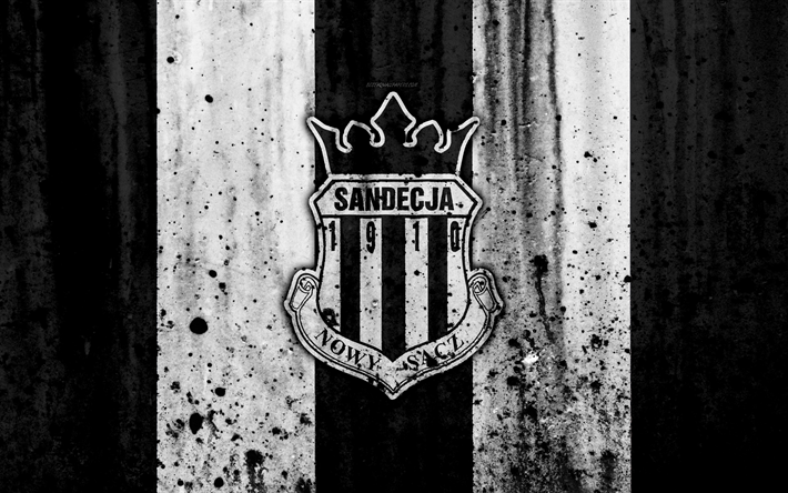 FC Sandecja Nowy Sacz, 4k, grunge, Ekstraklasa, logo, football club, Poland, Sandecja, soccer, art, stone texture, Sandecja Nowy Sacz FC