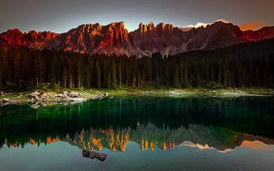 mountain landscape, sunset, mountain lake, forest, Alps, Trentino-Alto Adige, Nova Levante, Italy
