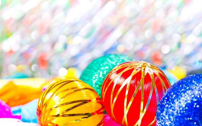 coloridas bolas, adornos de navidad, Feliz A&#241;o Nuevo, creativo, bolas de navidad, navidad, Navidad