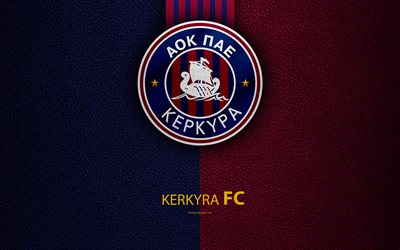 Kerkyra FC, 4k, logo, Greek Super League, leather texture, emblem, Corfu, Greece, football, Greek football club