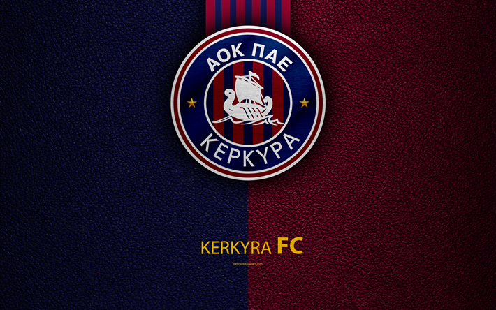 Kerkyra FC, 4k, logo, Super Liga Grega, textura de couro, emblema, Corfu, Gr&#233;cia, futebol, Grego futebol clube