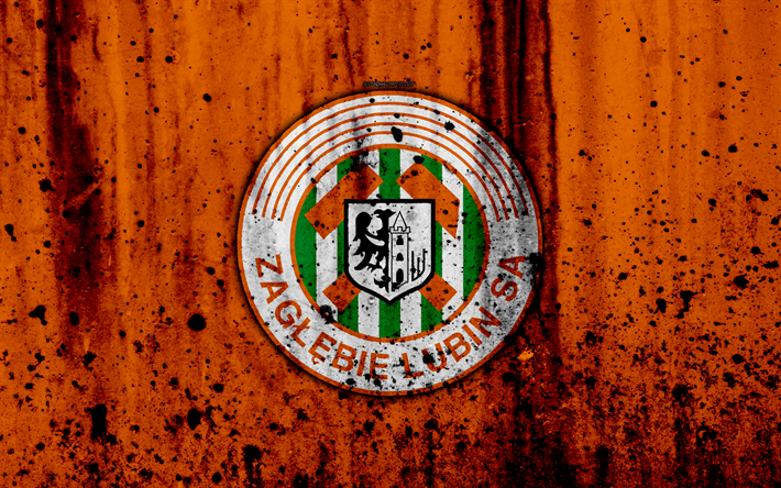 FC Zaglebie Lubin, 4k, grunge, Ekstraklasa, logo, football club, Poland, Zaglebie, soccer, art, stone texture, Zaglebie Lubin FC
