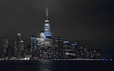 4k, New York, moderna byggnader, natt, NYC, skyskrapor, Amerika, USA