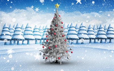 xmas tree, New Year, 3d art, winter, Merry christmas, Happy New Year, xmas, Christmas