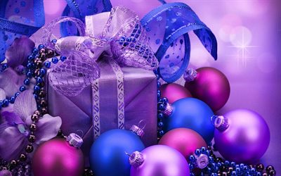 Christmas, purple xmas balls, Happy New Year, gifts, christmas decorations, xmas