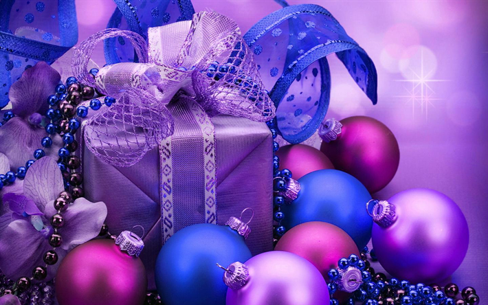 No&#235;l, violet boules de no&#235;l, bonne et Heureuse Ann&#233;e, des cadeaux, des d&#233;corations de no&#235;l, no&#235;l