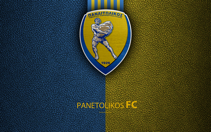 Panetolikos FC, 4k, logo, Greek Super League, leather texture, emblem, Agrinion, Greece, football, Greek football club