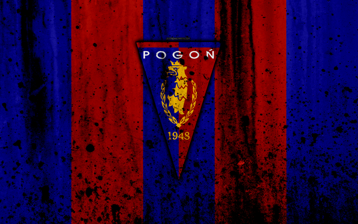 FC Pogon Szczecin, 4k, grunge, Ekstraklasa, logo, club di calcio, Polonia, Pogon, calcio, arte, pietra, texture, Pogon Szczecin FC