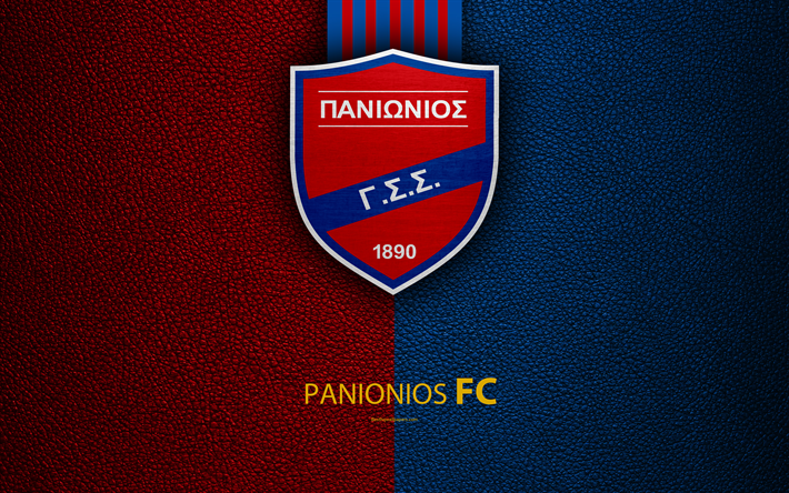Panionios FC, 4k, logo, Super Liga Grega, textura de couro, Panionios emblem, Nea Smirni, Gr&#233;cia, futebol, Grego futebol clube