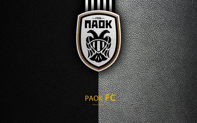 PAOK FC, 4k, logo, Greek Super League, leather texture, emblem, Thessaloniki, Greece, football, Greek football club