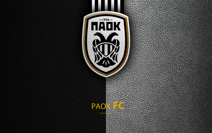 paok fc, 4k, logo, griechische super league, leder textur, emblem, thessaloniki, griechenland, fu&#223;ball, griechische fu&#223;ball-club